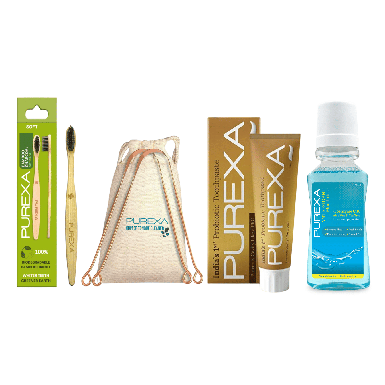 Probiotic Toothpaste With Antioxidant Mouthwash 150ml, A Shape Copper Tongue Cleaner & Bamboo Toothbrush