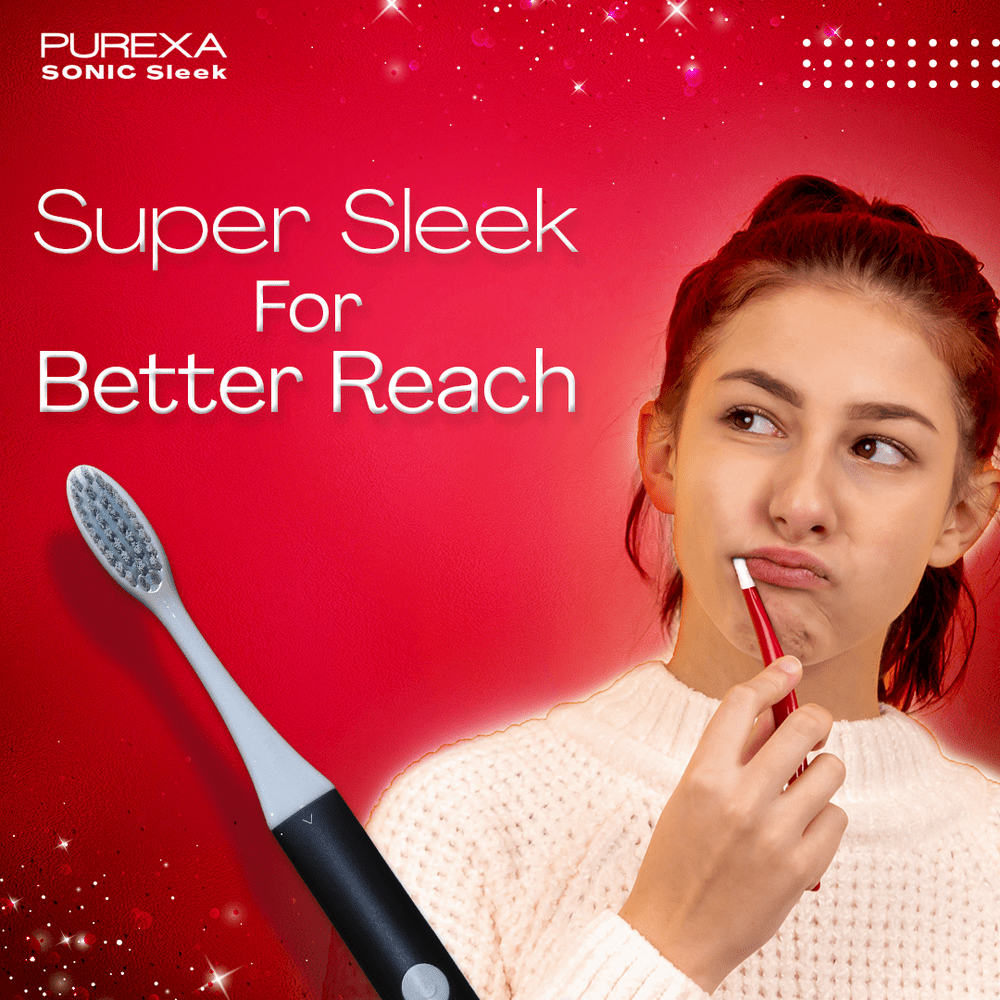 A girl brushing with purexa black electric toothbrush and text written on image is Super sleek for better reach