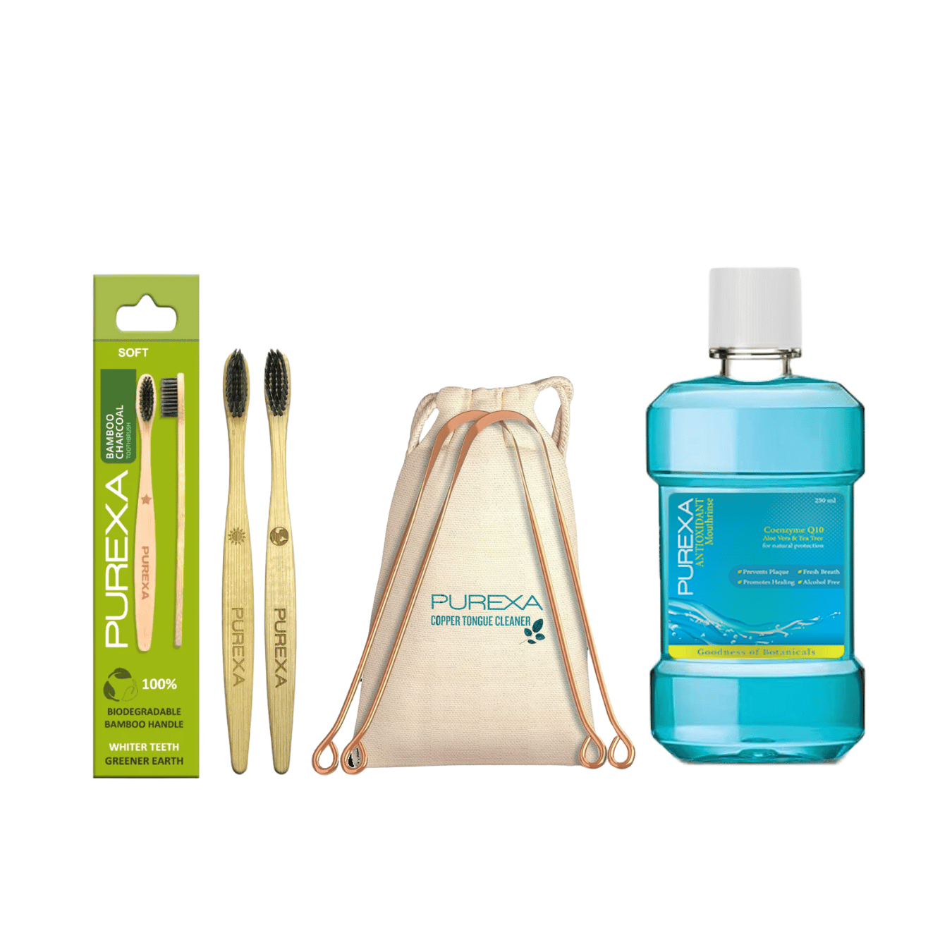 Antioxidant Mouthwash 250ml, A Shape Copper Tongue Cleaner & Bamboo Toothbrush