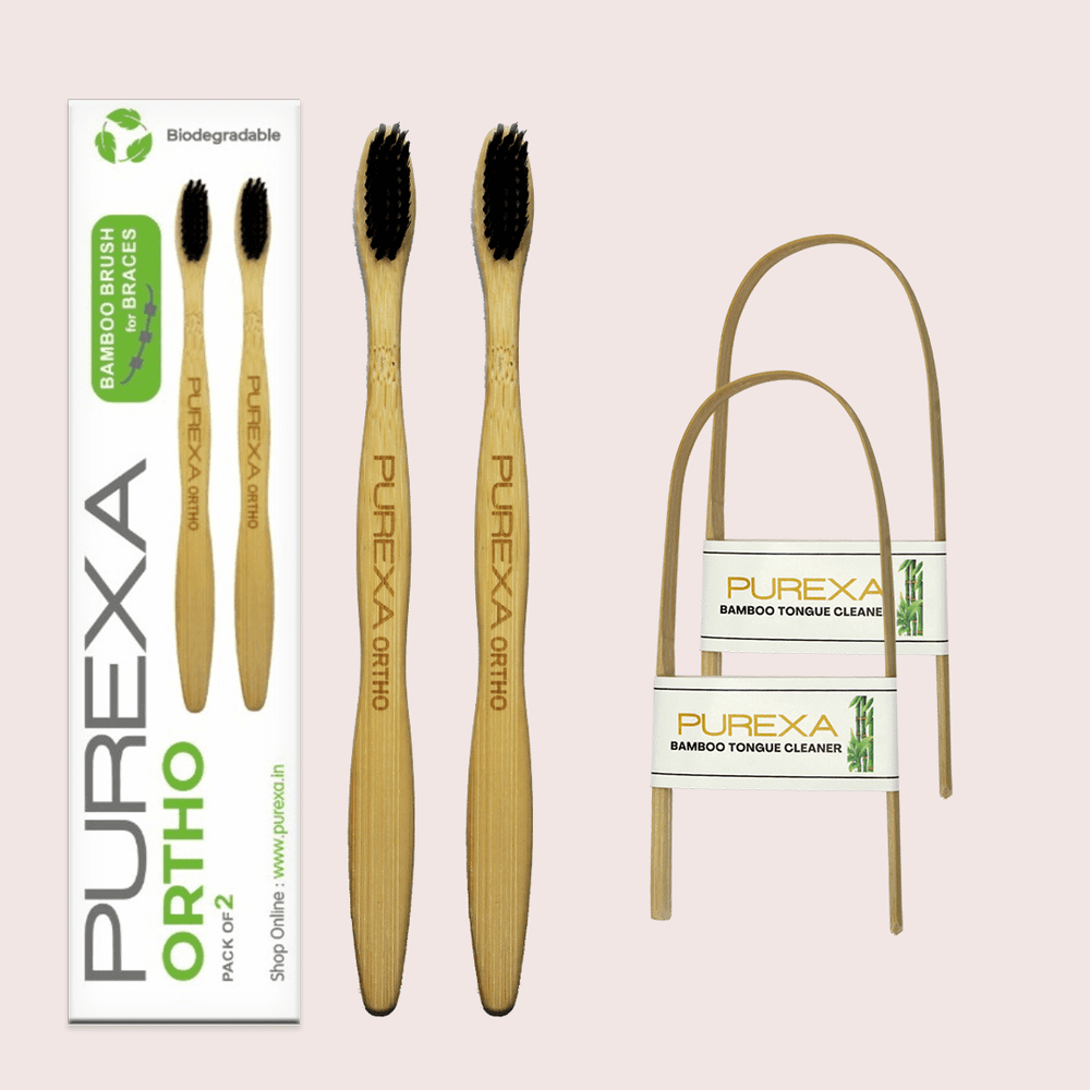 Bamboo Orthodontic Toothbrush and Tongue Scraper Combo - purexa.in