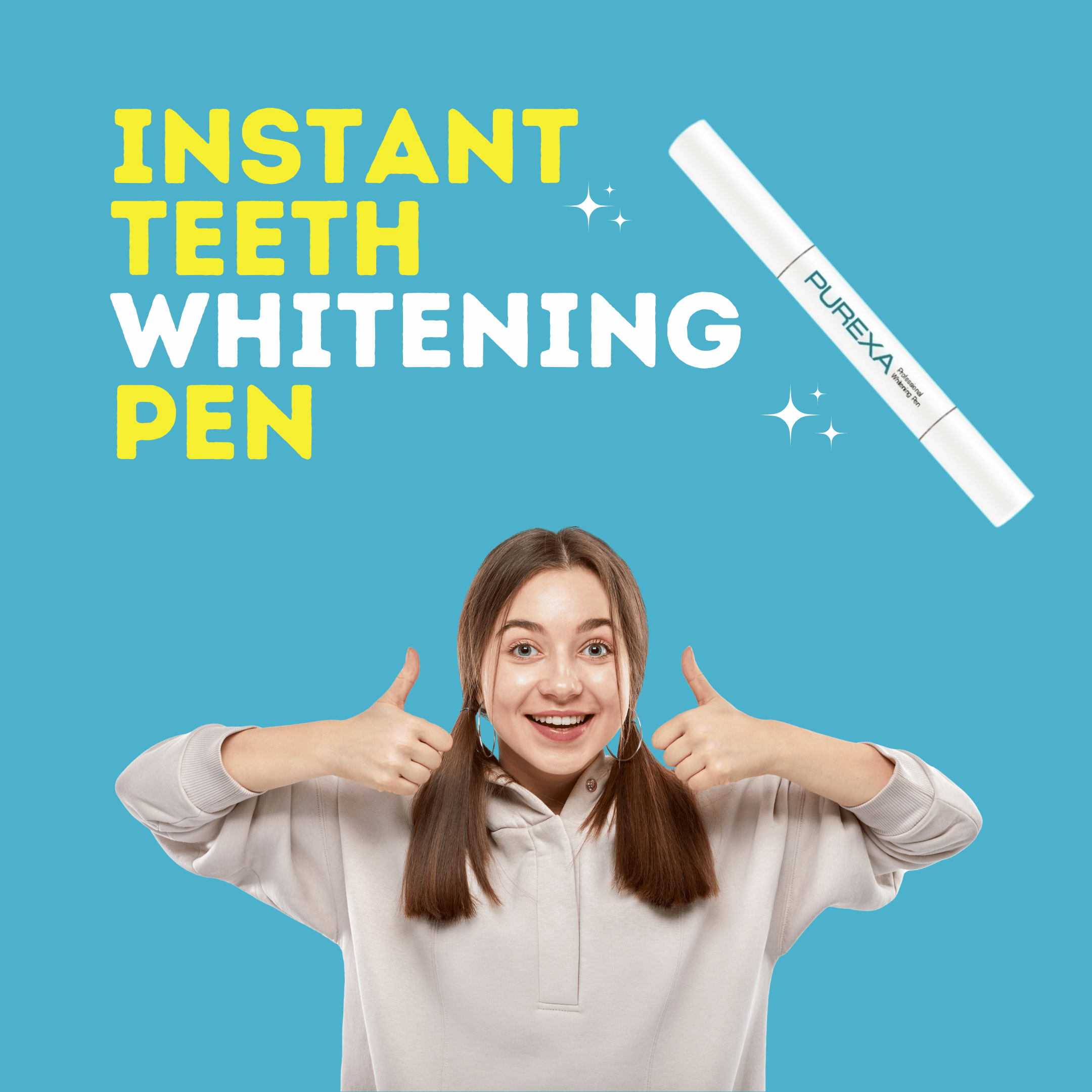 Image Shows a happy girl with PUREXA Teeth Whitening Pen and Text written on image is instant teeth whitening pen