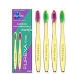 4 Purexa Bamboo Kids Toothbrushes in different colours, 2 is pink and 2 is green