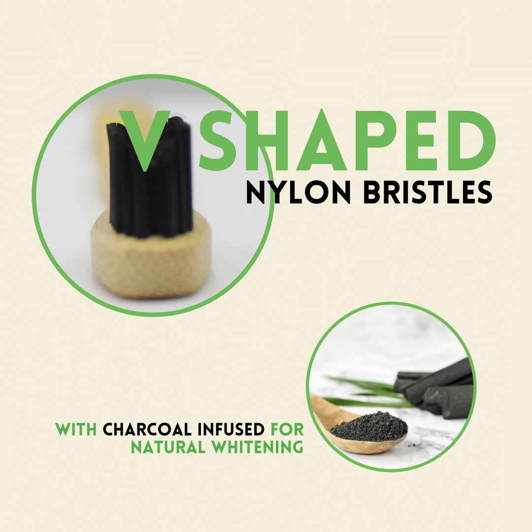 v shaped nylon bristles with charcoal infused for natural whitening