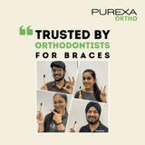 Image shows some people are showing purexa Bamboo Orthodontic Toothbrush with smile and text written on image trusted by orthodontists for braces  