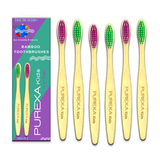 6 Purexa Bamboo Kids Toothbrushes in different colours, 3 is pink and 3 is green