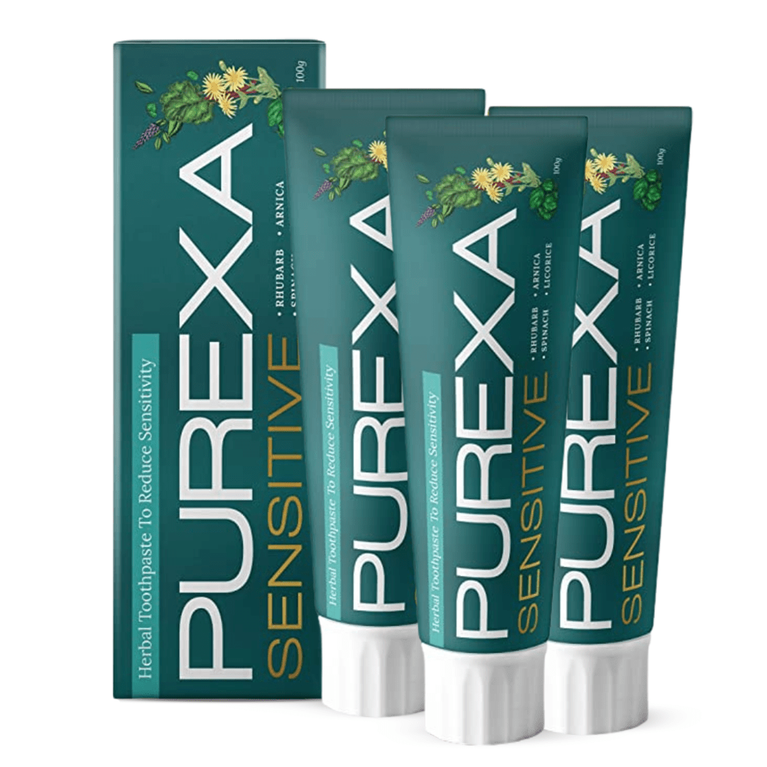 3 Purexa Herbal Sensitive Toothpastes with their packing box