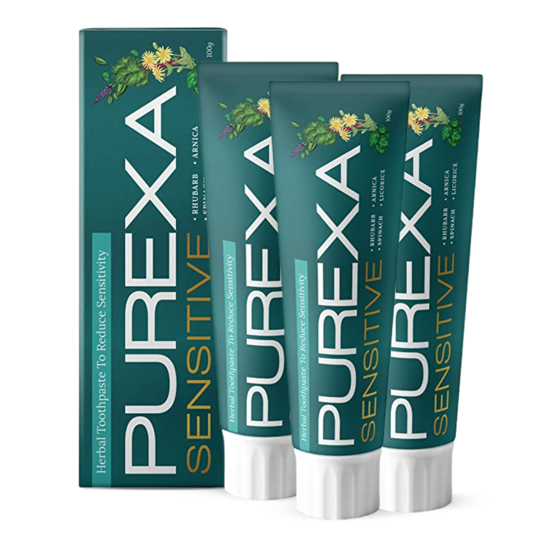 3 Purexa Herbal Sensitive Toothpastes with their packing box