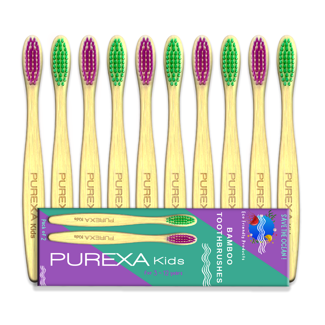 8 Purexa Bamboo Kids Toothbrushes in different colours, 4 is pink and 4 is green