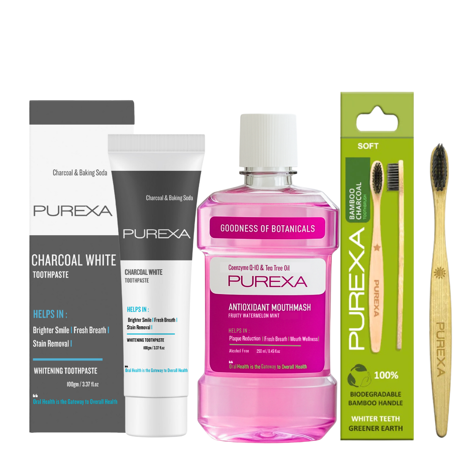 Baking Soda & Charcoal Whitening Toothpaste 100gm, Antioxidant Watermelon Mint Mouthwash and Bamboo Toothbrush