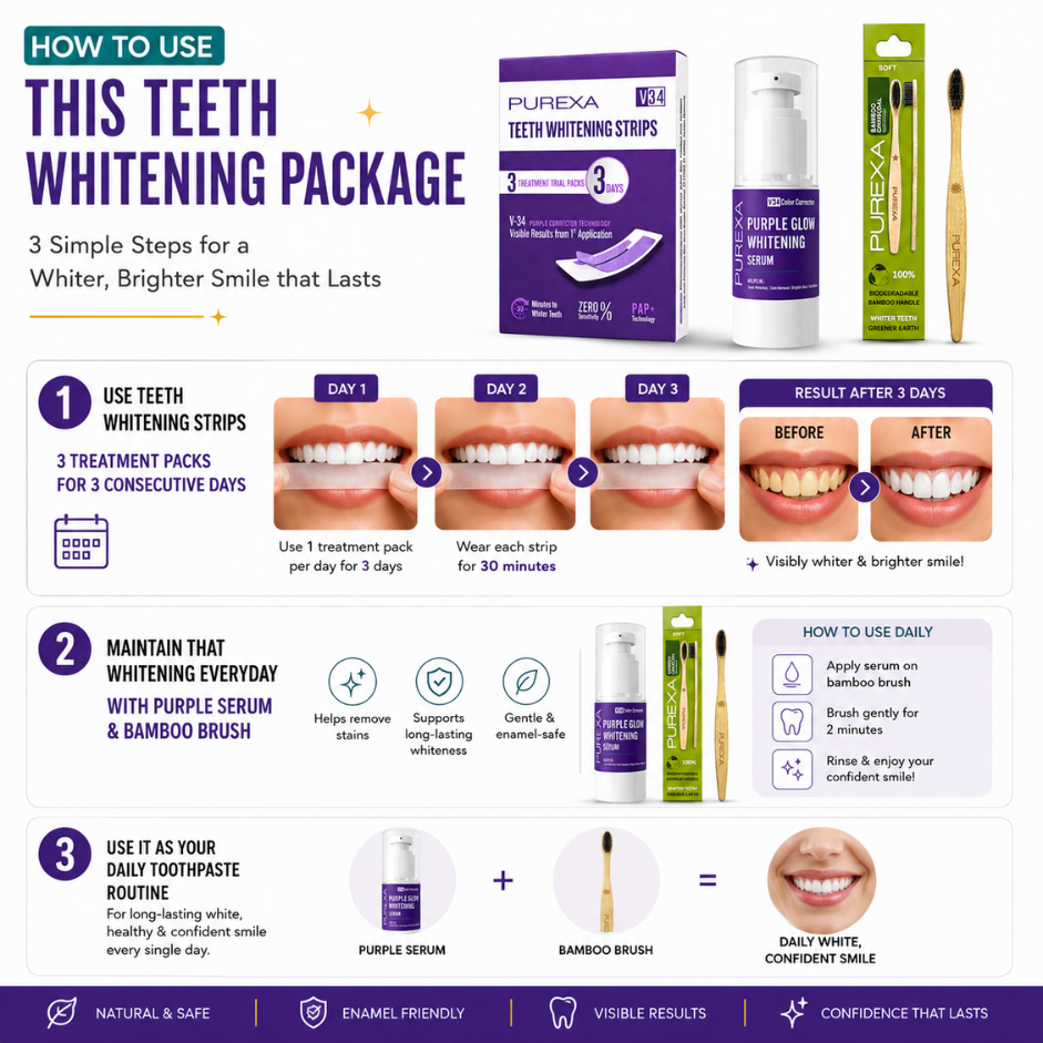 Purple Toothpaste 30ml, Teeth Whitening Strips and Bamboo Toothbrush