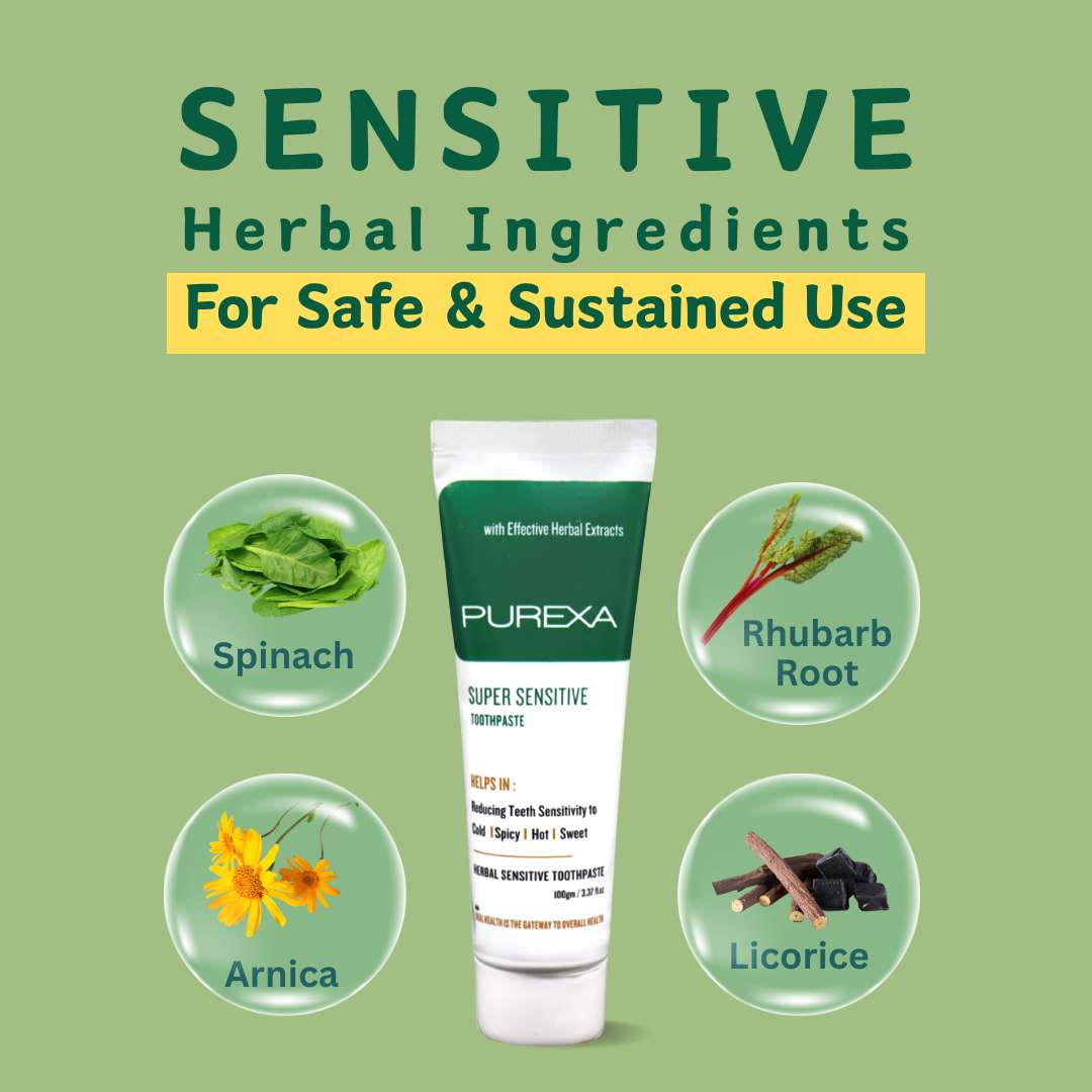Image shows herbal ingredients of Purexa Herbal Sensitive Toothpaste for safe & sustained use