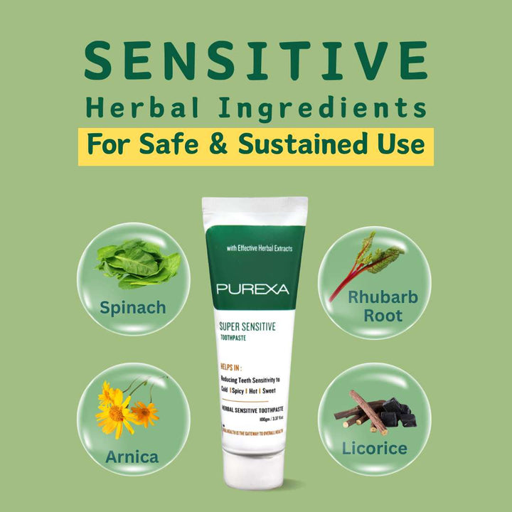 Image shows herbal ingredients of Purexa Herbal Sensitive Toothpaste for safe & sustained use